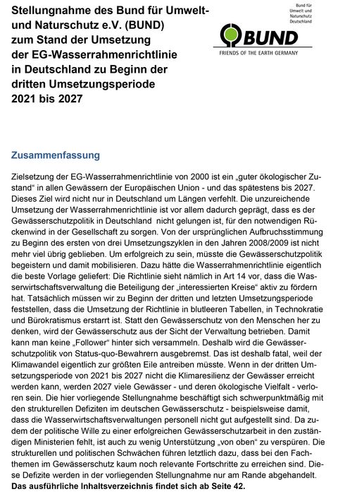 Stellungnahme des BUND zum Stand der Umsetzung der EG-Wasserrahmenrichtlinie in Deutschland zu Beginn der dritten Umsetzungsperiode 2021 bis 2027 