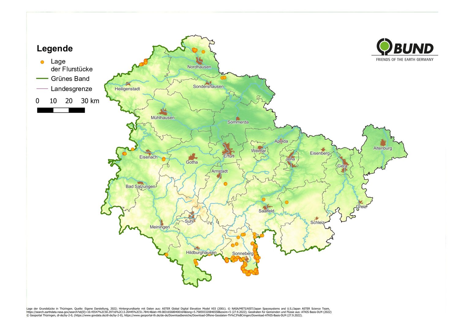Karte mit Flächen im Eigentum des BUND Thüringen.